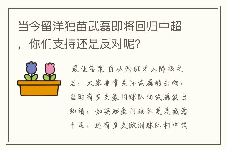 当今留洋独苗武磊即将回归中超，你们支持还是反对呢？