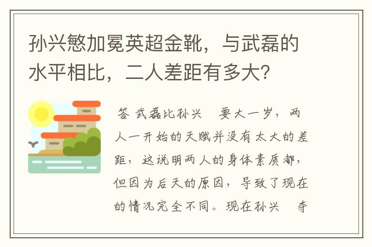 孙兴慜加冕英超金靴，与武磊的水平相比，二人差距有多大？