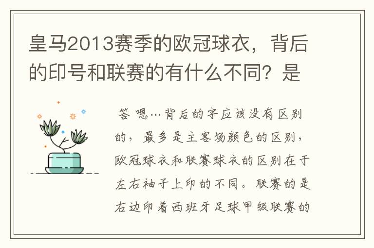 皇马2013赛季的欧冠球衣，背后的印号和联赛的有什么不同？是不是没了那些斜杠？