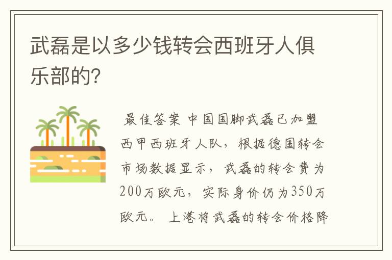 武磊是以多少钱转会西班牙人俱乐部的？