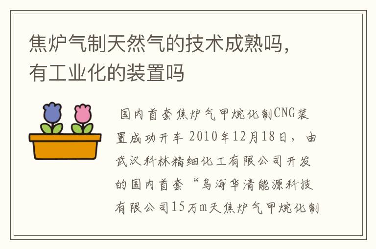 焦炉气制天然气的技术成熟吗，有工业化的装置吗