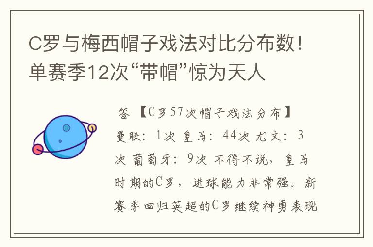 C罗与梅西帽子戏法对比分布数！单赛季12次“带帽”惊为天人