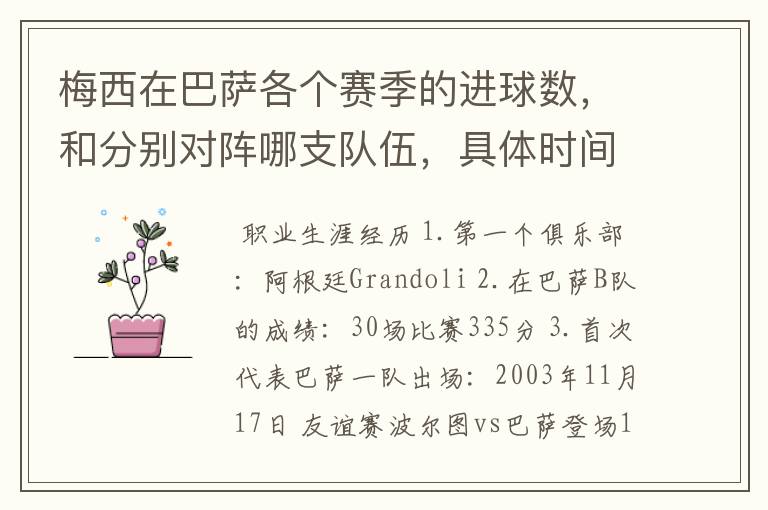 梅西在巴萨各个赛季的进球数，和分别对阵哪支队伍，具体时间，以及助攻数，反正越详细越好，非常感谢！