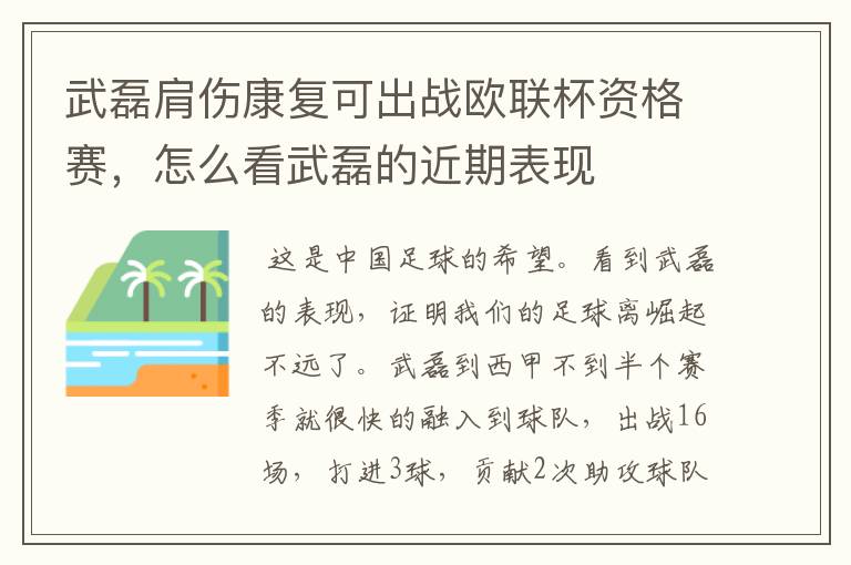 武磊肩伤康复可出战欧联杯资格赛，怎么看武磊的近期表现