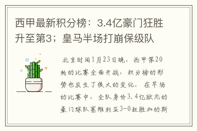 西甲最新积分榜：3.4亿豪门狂胜升至第3；皇马半场打崩保级队