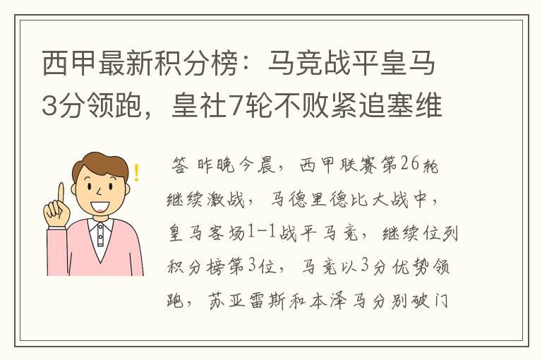 西甲最新积分榜：马竞战平皇马3分领跑，皇社7轮不败紧追塞维