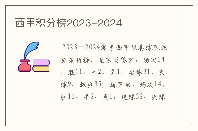 西甲积分榜2023-2024