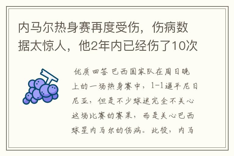 内马尔热身赛再度受伤，伤病数据太惊人，他2年内已经伤了10次