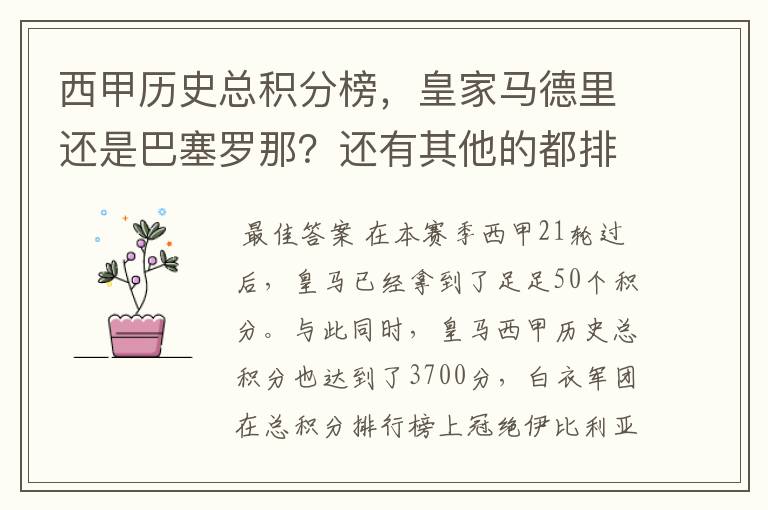 西甲历史总积分榜，皇家马德里还是巴塞罗那？还有其他的都排出来。