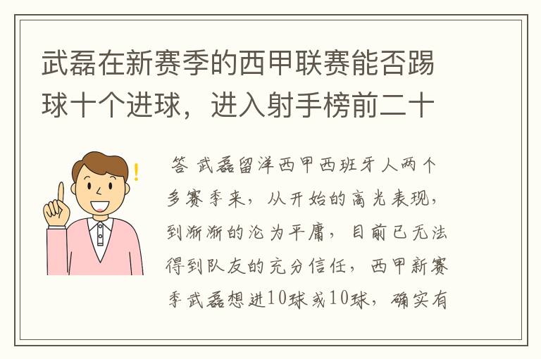 武磊在新赛季的西甲联赛能否踢球十个进球，进入射手榜前二十？