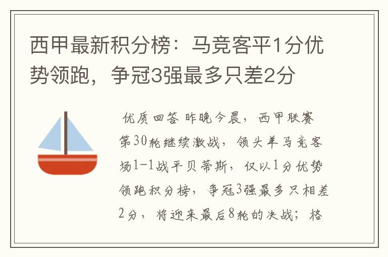 西甲最新积分榜：马竞客平1分优势领跑，争冠3强最多只差2分