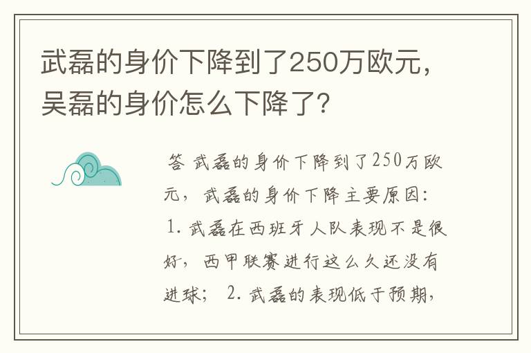 武磊的身价下降到了250万欧元，吴磊的身价怎么下降了？