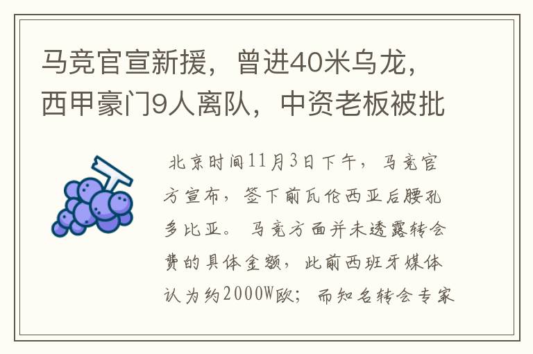 马竞官宣新援，曾进40米乌龙，西甲豪门9人离队，中资老板被批