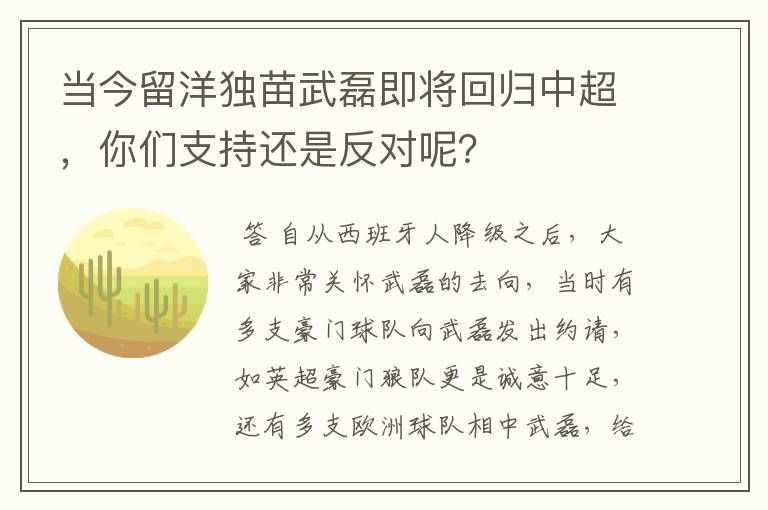 当今留洋独苗武磊即将回归中超，你们支持还是反对呢？