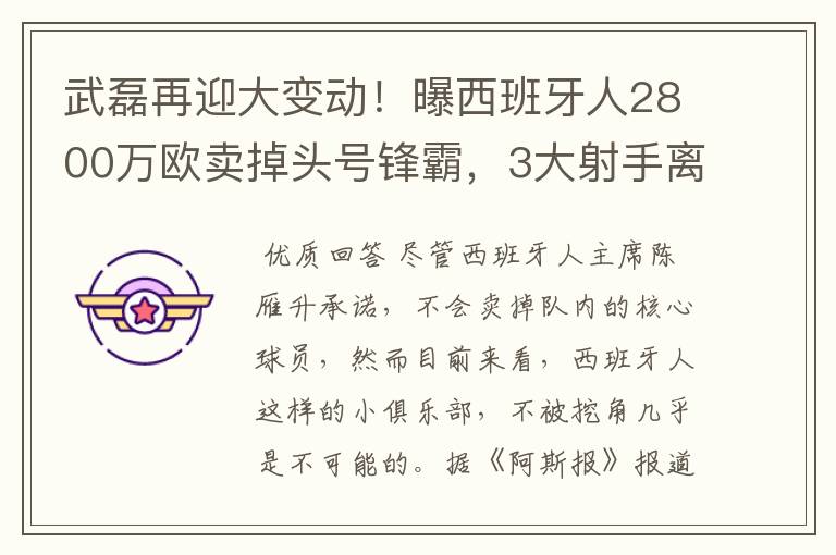 武磊再迎大变动！曝西班牙人2800万欧卖掉头号锋霸，3大射手离队