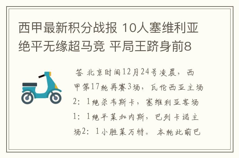 西甲最新积分战报 10人塞维利亚绝平无缘超马竞 平局王跻身前8