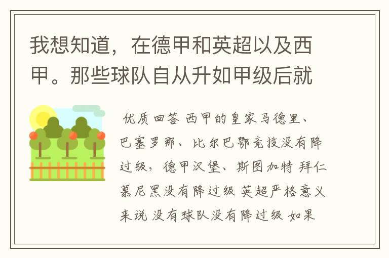 我想知道，在德甲和英超以及西甲。那些球队自从升如甲级后就从没有降过级？