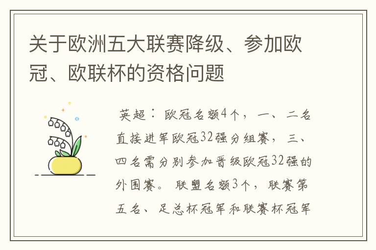 关于欧洲五大联赛降级、参加欧冠、欧联杯的资格问题