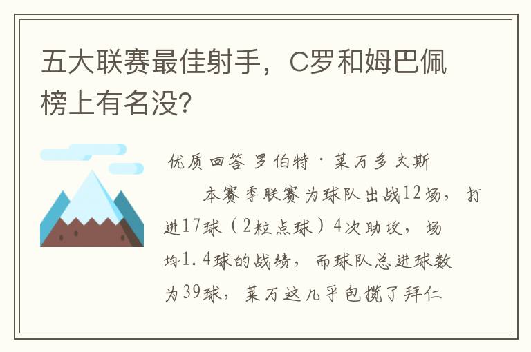 五大联赛最佳射手，C罗和姆巴佩榜上有名没？