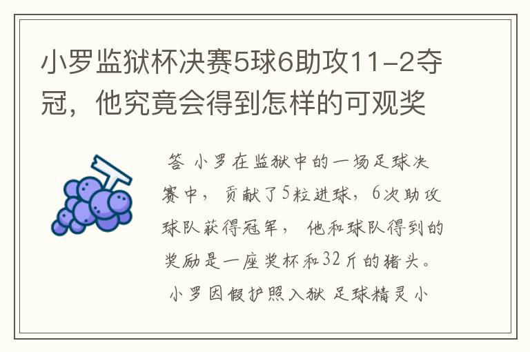 小罗监狱杯决赛5球6助攻11-2夺冠，他究竟会得到怎样的可观奖励？