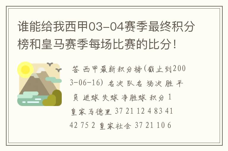 谁能给我西甲03-04赛季最终积分榜和皇马赛季每场比赛的比分！