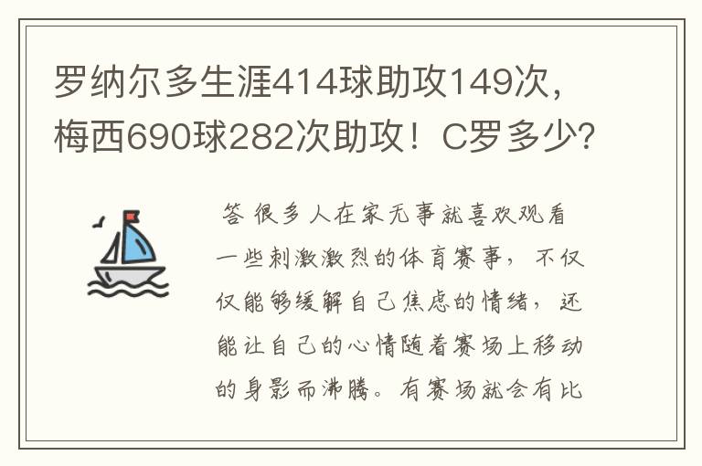 罗纳尔多生涯414球助攻149次，梅西690球282次助攻！C罗多少？