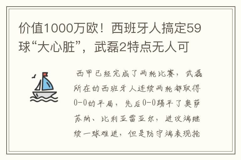 价值1000万欧！西班牙人搞定59球“大心脏”，武磊2特点无人可替