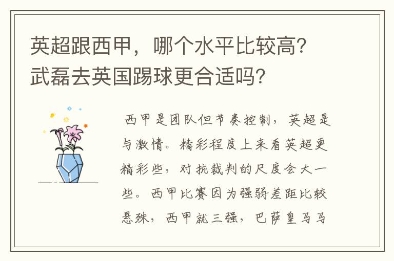 英超跟西甲，哪个水平比较高？武磊去英国踢球更合适吗？