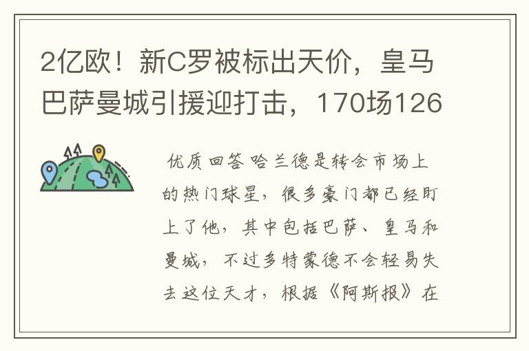 2亿欧！新C罗被标出天价，皇马巴萨曼城引援迎打击，170场126球