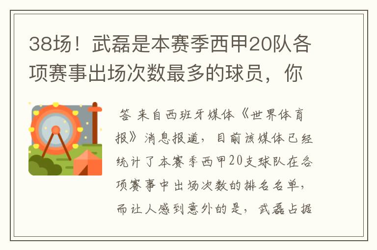 38场！武磊是本赛季西甲20队各项赛事出场次数最多的球员，你怎么看？