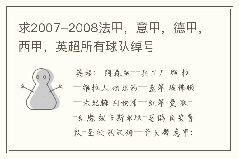 求2007-2008法甲，意甲，德甲，西甲，英超所有球队绰号