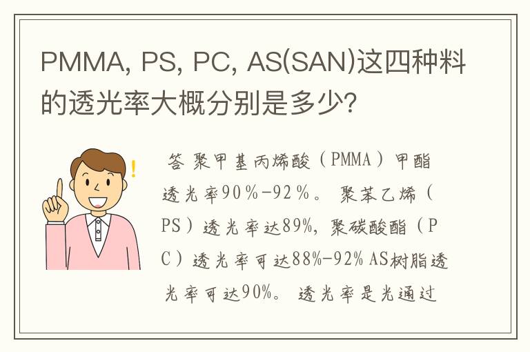 PMMA, PS, PC, AS(SAN)这四种料的透光率大概分别是多少？