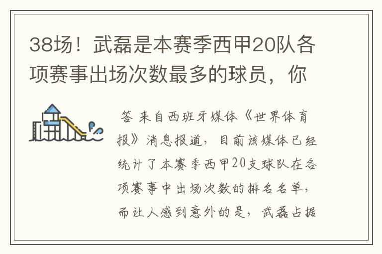 38场！武磊是本赛季西甲20队各项赛事出场次数最多的球员，你怎么看？