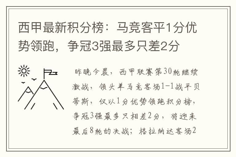 西甲最新积分榜：马竞客平1分优势领跑，争冠3强最多只差2分