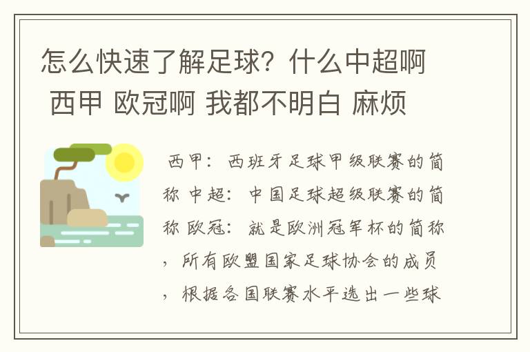 怎么快速了解足球？什么中超啊 西甲 欧冠啊 我都不明白 麻烦 有哪位特别了解足球的 跟我讲讲，多谢