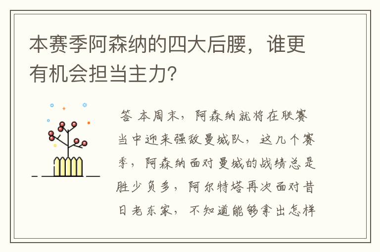 本赛季阿森纳的四大后腰，谁更有机会担当主力？