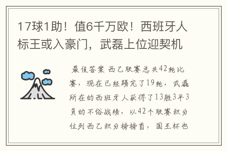 17球1助！值6千万欧！西班牙人标王或入豪门，武磊上位迎契机