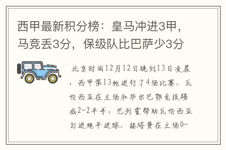 西甲最新积分榜：皇马冲进3甲，马竞丢3分，保级队比巴萨少3分