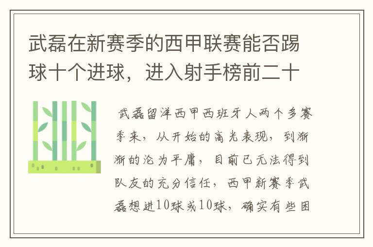 武磊在新赛季的西甲联赛能否踢球十个进球，进入射手榜前二十？