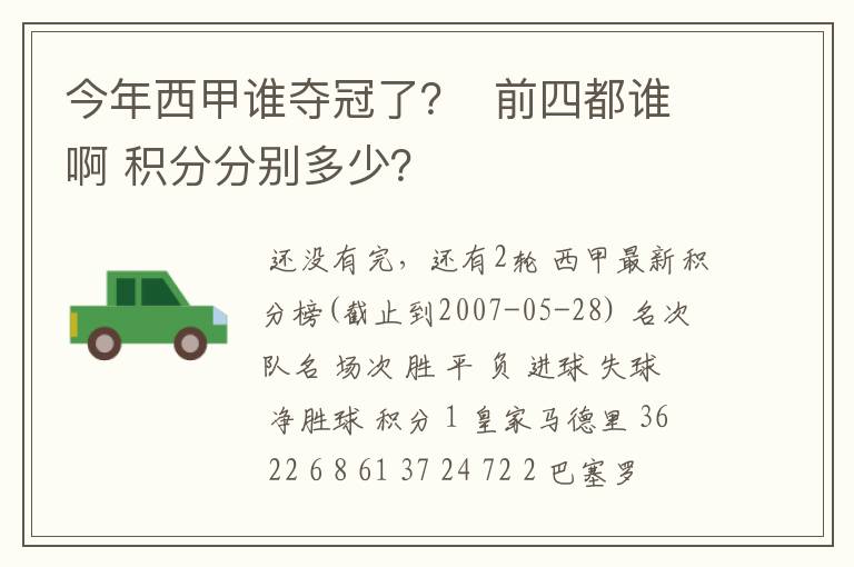 今年西甲谁夺冠了？  前四都谁啊 积分分别多少？