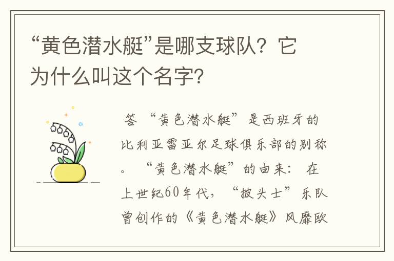 “黄色潜水艇”是哪支球队？它为什么叫这个名字？