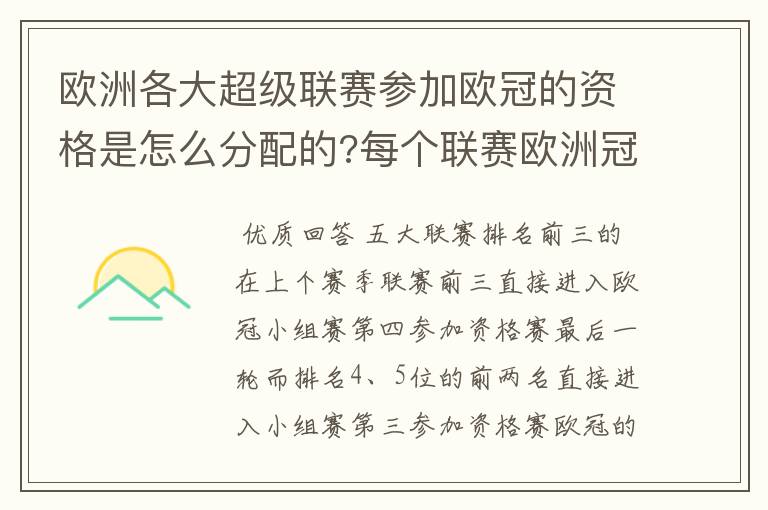 欧洲各大超级联赛参加欧冠的资格是怎么分配的?每个联赛欧洲冠军杯参赛队