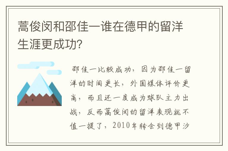 蒿俊闵和邵佳一谁在德甲的留洋生涯更成功？