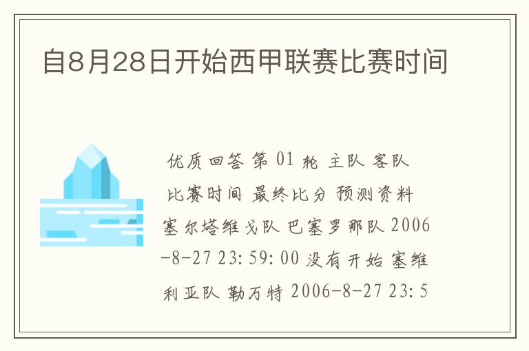 自8月28日开始西甲联赛比赛时间