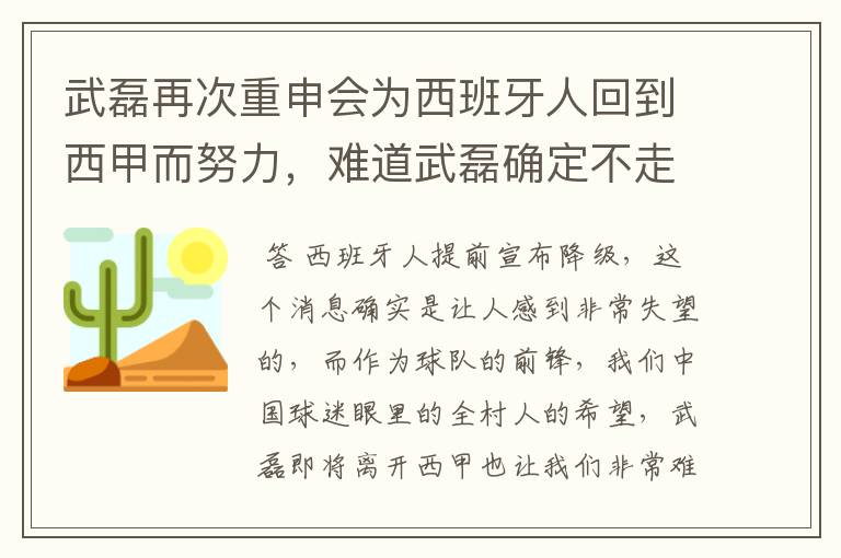 武磊再次重申会为西班牙人回到西甲而努力，难道武磊确定不走了？