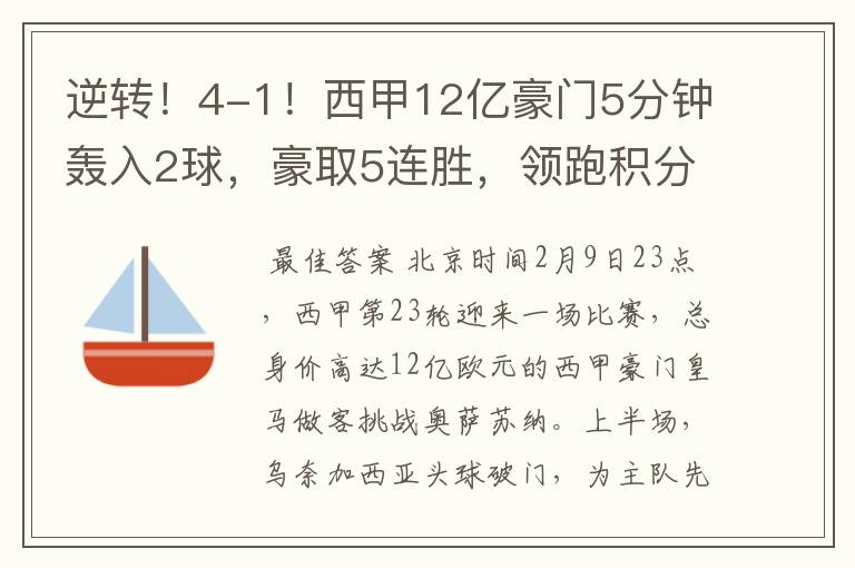 逆转！4-1！西甲12亿豪门5分钟轰入2球，豪取5连胜，领跑积分榜