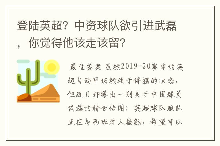 登陆英超？中资球队欲引进武磊，你觉得他该走该留？