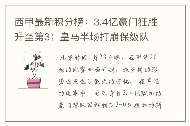 西甲最新积分榜：3.4亿豪门狂胜升至第3；皇马半场打崩保级队