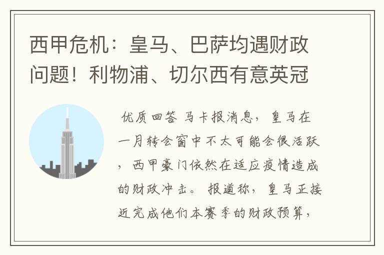 西甲危机：皇马、巴萨均遇财政问题！利物浦、切尔西有意英冠新星