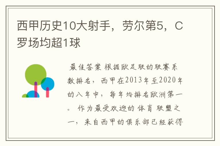 西甲历史10大射手，劳尔第5，C罗场均超1球